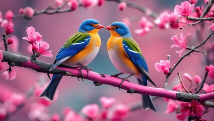 Fototapeta premium Valentine's day concept. Couple two birds are perched on a pink branch
