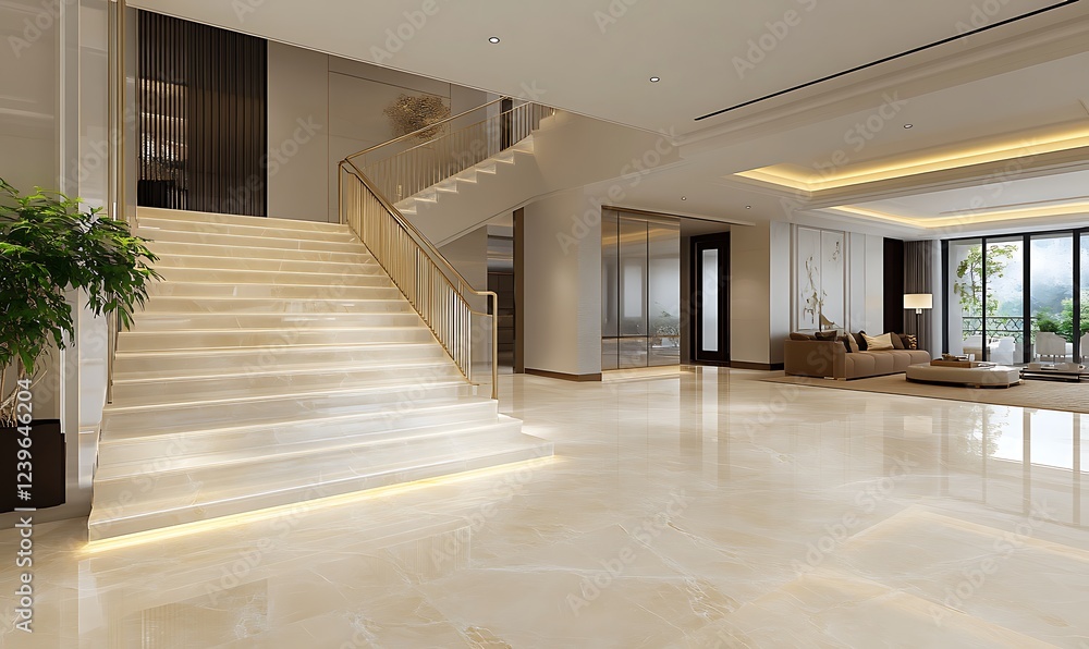Poster elegant white onyx marble staircase with backlighting, creating a luxurious ambiance in architectura