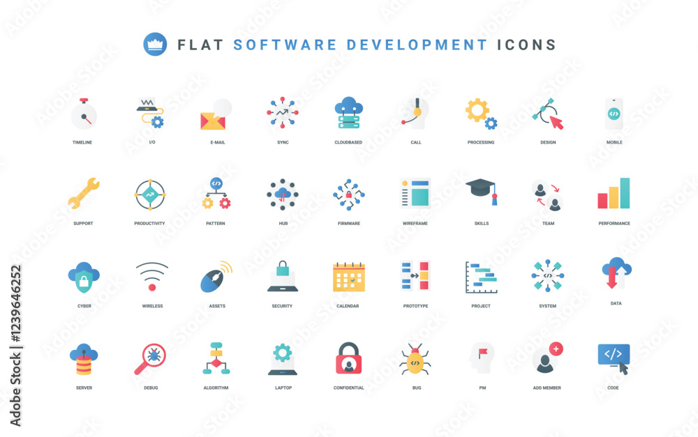 Poster Software development, team work on digital project and code, productivity of developer skills color icon set. Bug and algorithm test, pattern data system and timeline flat elements vector illustration