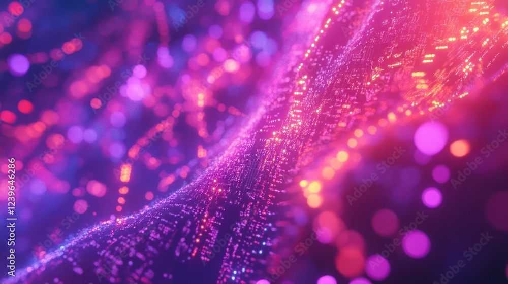 Poster abstract wave of glowing data points in pink and purple creating a network
