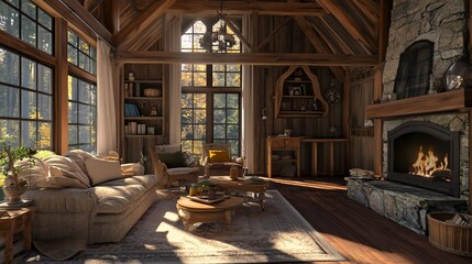 Fototapeta premium Cozy rustic cabin interior with fireplace and large windows overlooking fall forest