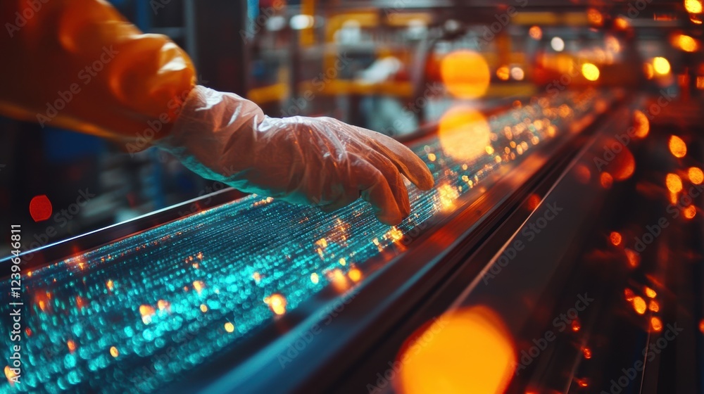 Poster engineer wearing protective gloves operating a glowing, futuristic control panel with an array of li