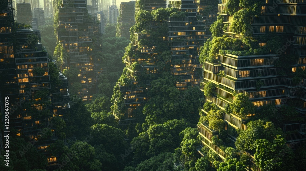 Poster a lush forest gradually merging into an expanding urban landscape, symbolizing the harmonious growth