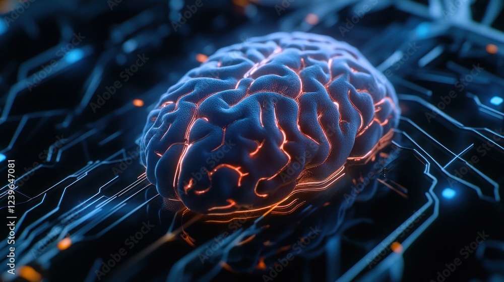 Poster artificial intelligence concept with neural network connections and glowing brain