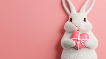 Obraz premium Cute Bunny Holding Heart-Shaped Gift on Pink Background