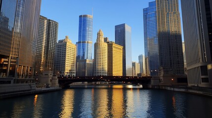 Fototapeta premium Chicago's Urban Grandeur: A View Along the River with Reflected Sunlight