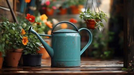 A blue watering can sits on a wooden floor next to several potted plants