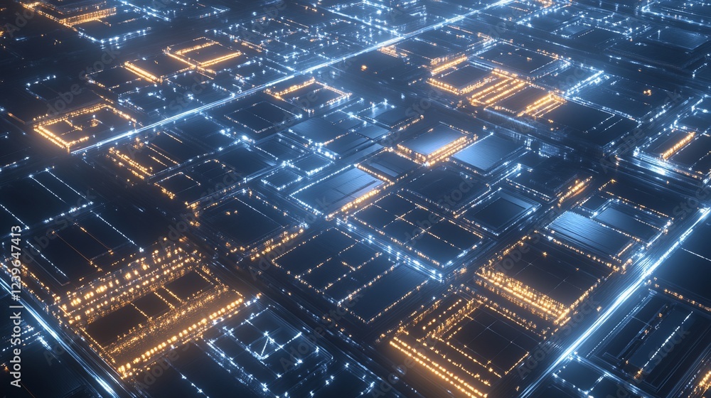 Poster futuristic digital network with glowing pathways and circuit board elements