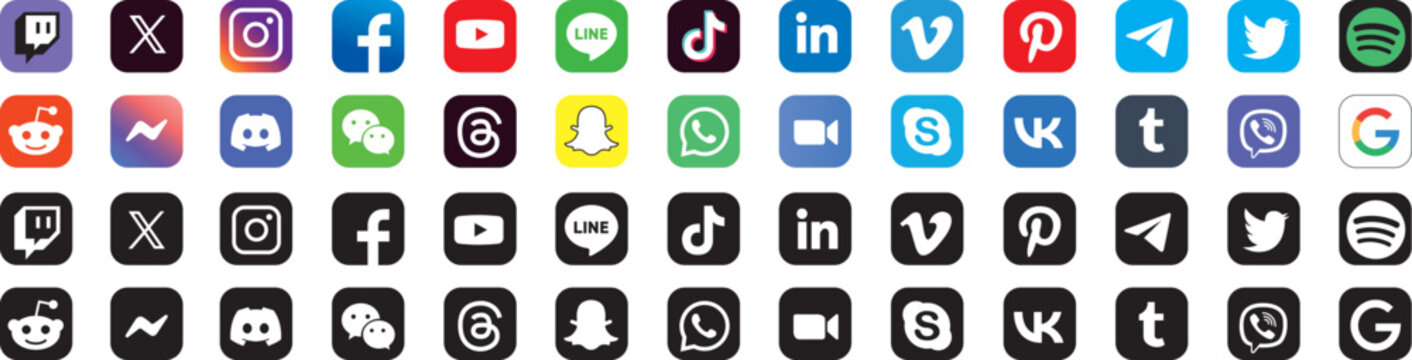 social media icons or social network logos flat icons set collection vector for apps with rounded corners. Set of social media icons. SNS Social network vector symbols