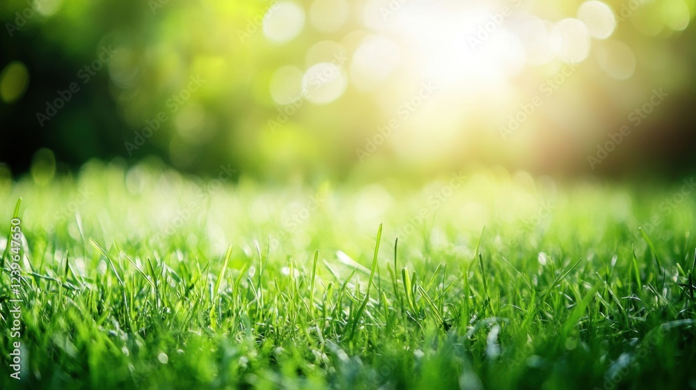 Leinwandbilder bright green grass in a sunlit garden during a warm afternoon with a soft bokeh effect in the backgr