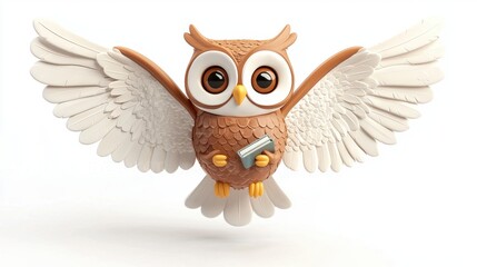 Obraz premium Cute Cartoon Owl with Open Wings and Book in Hands, Flying Joyfully
