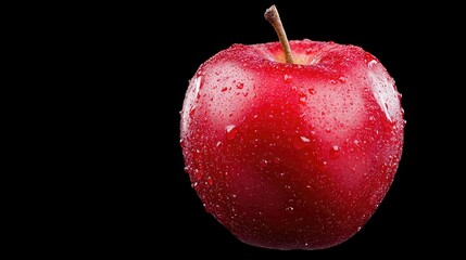 Red apple with water droplets, black background, food photography, healthy eating