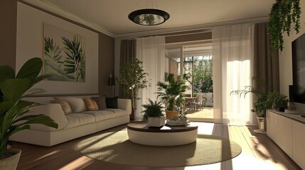 Warm and inviting living room with indoor plants and bright sunlight flowing through patio doors