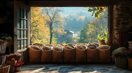 A window in a barn with a view of a field