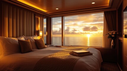 A luxurious cruise ship cabin with a panoramic view of the ocean as the golden sunrise casts a warm glow, highlighting elegant furnishings and soft lighting.