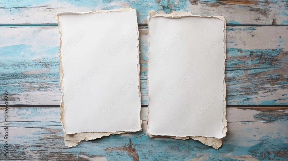 Poster blank parchment paper placed on a rustic wooden background with a weathered blue finish. generative 