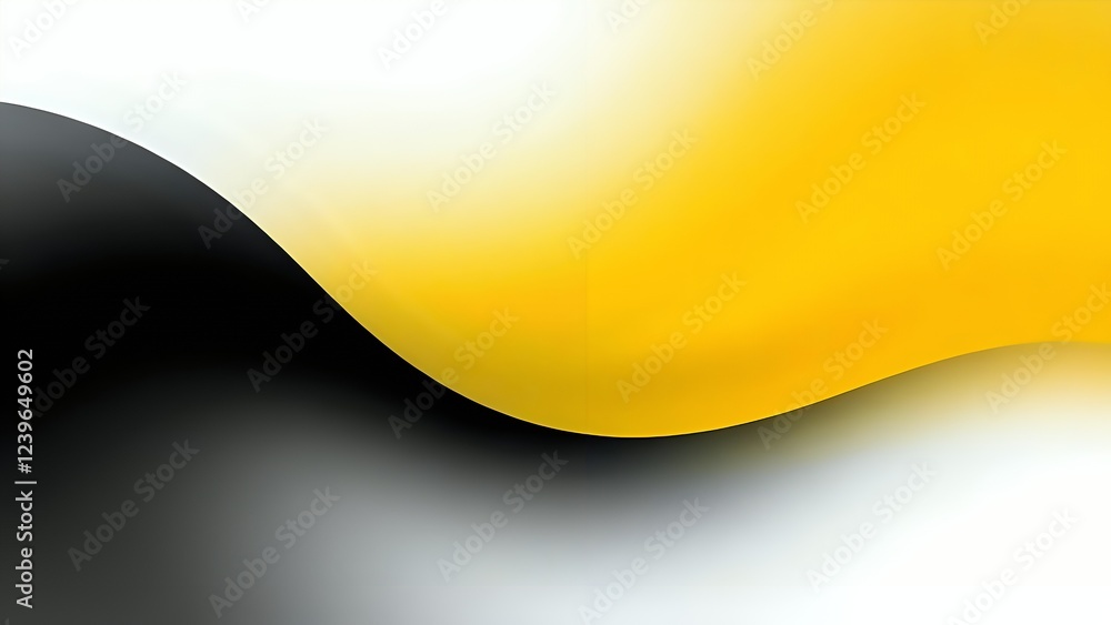 Poster abstract design featuring smooth, flowing waves of black, white, and vibrant yellow, creating a dyna