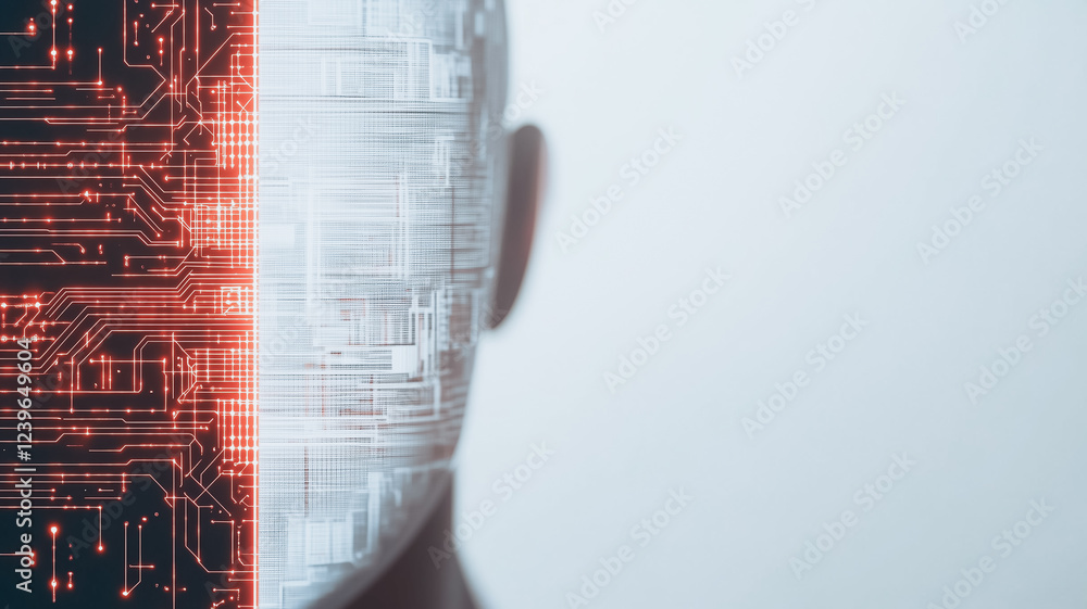 Poster humanoid ai concept: a close-up, profile view of a human face merging with a circuit board pattern, 