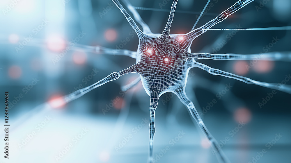 Poster microscopic neuron network: a detailed 3d rendering of a neuron, showcasing its intricate network of
