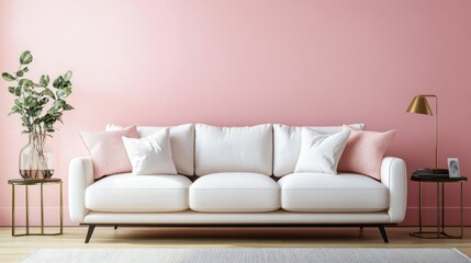 A luxurious modern sofa against a soft pink wall, adorned with stylish home accessories, creating a chic and inviting living room setting.