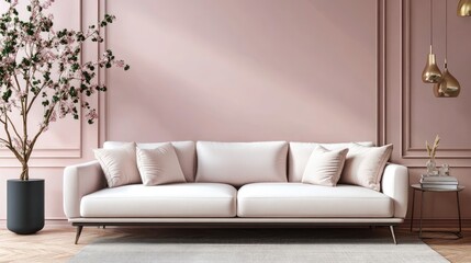 A luxurious modern sofa against a soft pink wall, adorned with stylish home accessories, creating a chic and inviting living room setting.