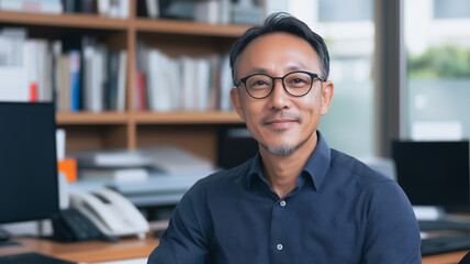 Confident Professional Portrait: A portrait of a mature Asian man, wearing glasses and a dark blue shirt, exudes confidence and professionalism in his well-organized office.