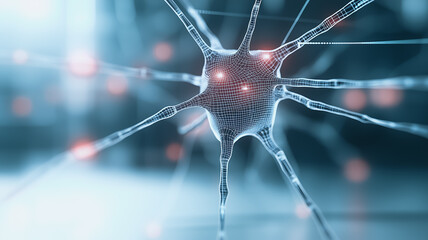 Microscopic Neuron Network: A detailed 3D rendering of a neuron, showcasing its intricate network of dendrites and axons, highlighting the complex communication pathways within the nervous system. 