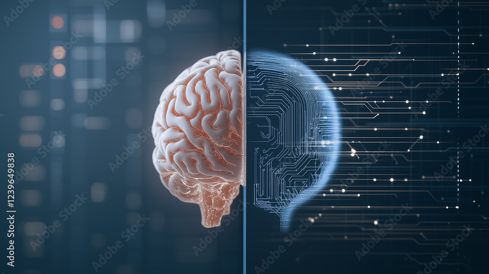 Poster human brain vs. ai: a striking half-and-half image depicting a human brain merging with a circuit bo