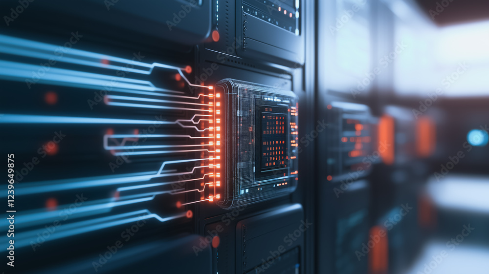 Poster data flow: a close-up shot of a server rack, capturing the flow of digital data as it surges through