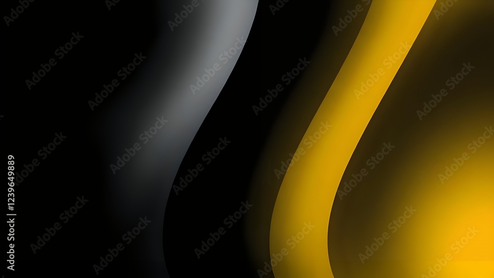 Poster abstract image featuring smooth, flowing curves in yellow and gray against a black background, creat