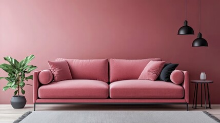 A luxurious modern sofa against a soft pink wall, adorned with stylish home accessories, creating a chic and inviting living room setting.