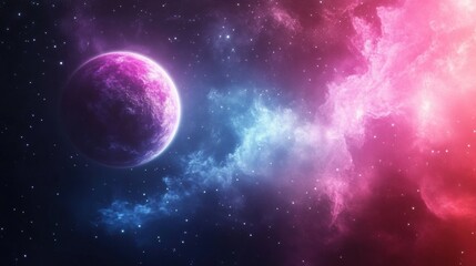 Obraz premium Colorful cosmic landscape showcasing a planet and vibrant nebula in deep space at night. Generative AI