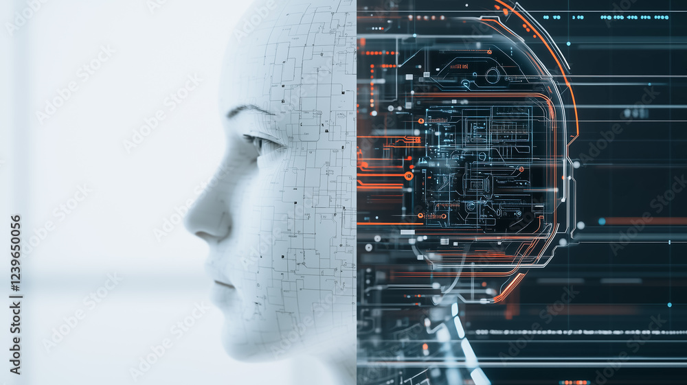Poster the future of intelligence: a mesmerizing image depicting a humanoid robot with a digital overlay re