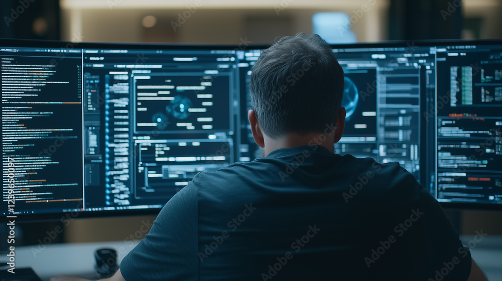 Poster code master: a lone programmer hunches over a dual-monitor setup, fingers flying across the keyboard