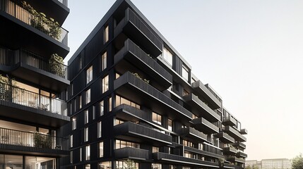 Modern Black Apartment Building Exterior With Geometric Facade And Balconies