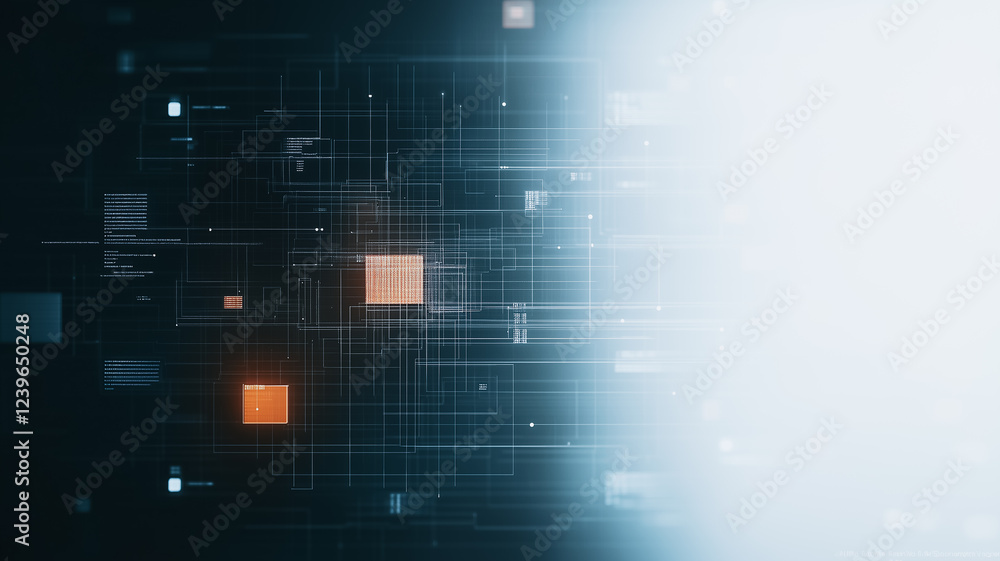 Poster digital convergence: abstract digital art depicting a blend of dark and light, with glowing orange s