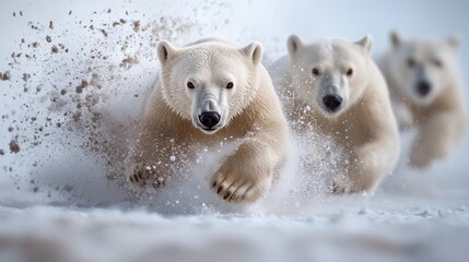 Naklejka premium Polar bears white: Arctic predator, icy habitat, snowy camouflage, majestic mammal, frozen tundra, endangered species, winter survival, marine hunter, northern wilderness, climate challenge.