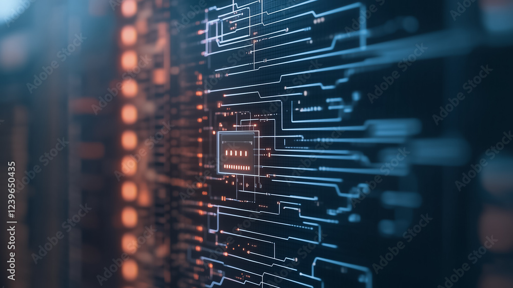 Poster digital circuitry close-up: intricate network of glowing blue and orange lines on a circuit board, h