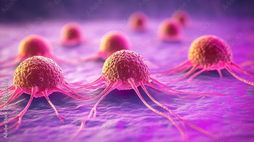 Poster concept art in the form of a realistic super macro photo with 3d-rendered virus cells or microorgani