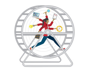 Multitasking woman running in hamster wheel. Streass and demands and risk for burnout. Isolated. Vector illustration.