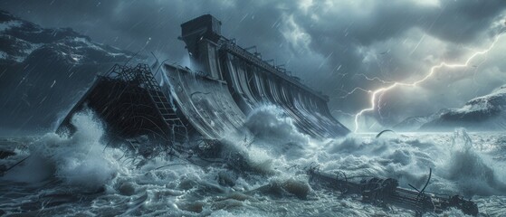 Wrecked tidal station fights raging storm.  Churning waves crash against its broken form. Lightning illuminates the cinematic chaos.  A detailed scene of environmental destruction.  JB.