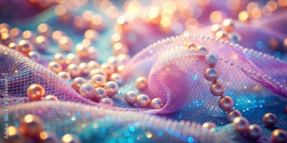 Poster delicate sheer fabric with pearl beads - close-up macro bokeh texture