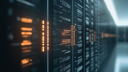 Digital Data Stream: Abstract close-up of a server room's data stream, showcasing lines of code and glowing orange highlights.