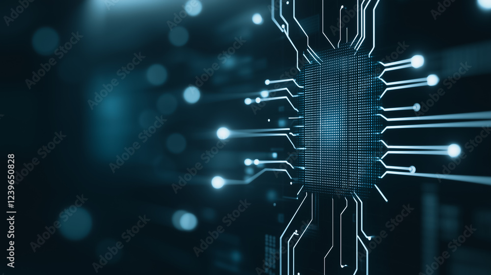 Poster central processing unit: close-up view of a technological cpu, intricate circuitry glowing with soft