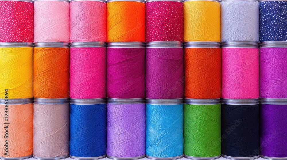Poster colorful spools of thread in a neatly organized display
