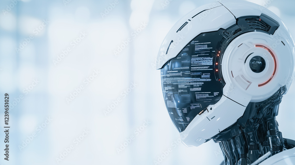Poster advanced robotics: close-up profile of a futuristic robot head, showcasing intricate details and glo