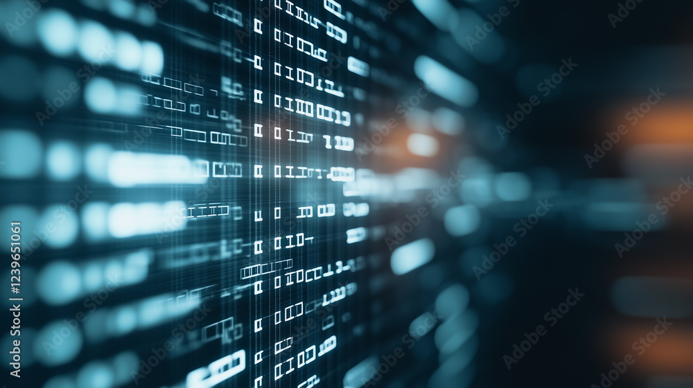 Poster digital stream: abstract close-up of a digital data stream, showing lines of glowing blue code casca