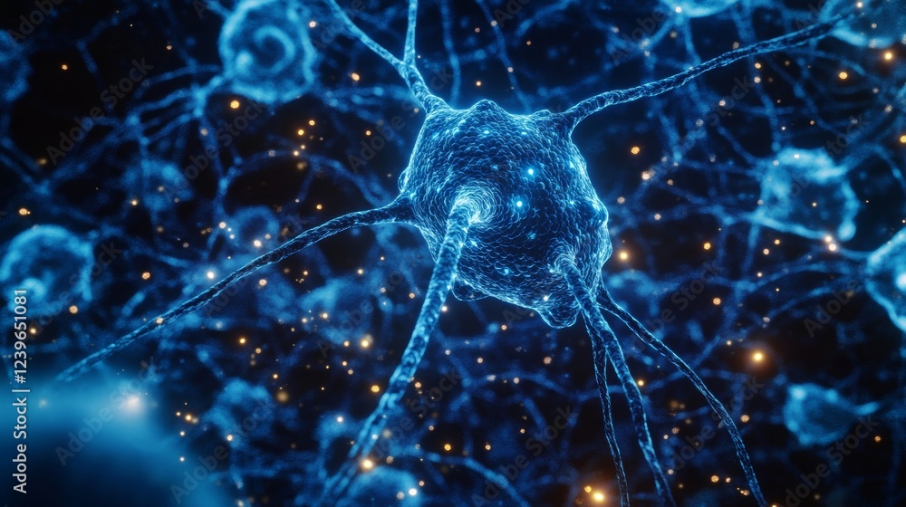 Poster a close-up of an abstract molecular composition, illuminated by brilliant blue and orange lights. th