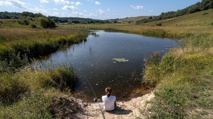 Fototapeta premium Tranquil Fishing Spot by the Serene Lake Surrounded by Nature