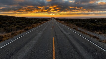 Fototapeta premium Scenic Empty Road Under Dramatic Sunset Sky over Coastal Landscape